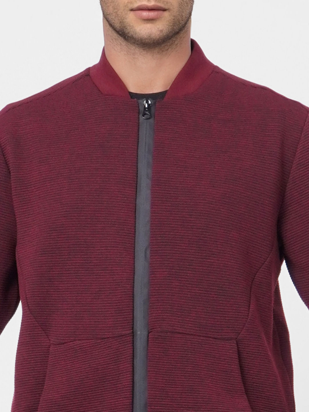 Red Textured Knit Bomber Jacket|218954401