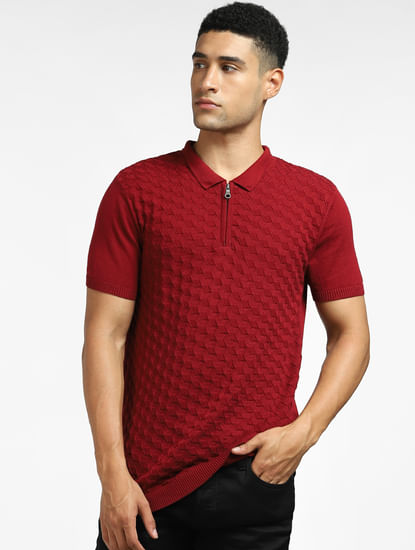 Red Textured Knitted Polo