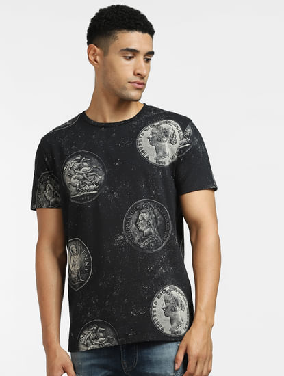 Black Coin Print Crew Neck T-shirt