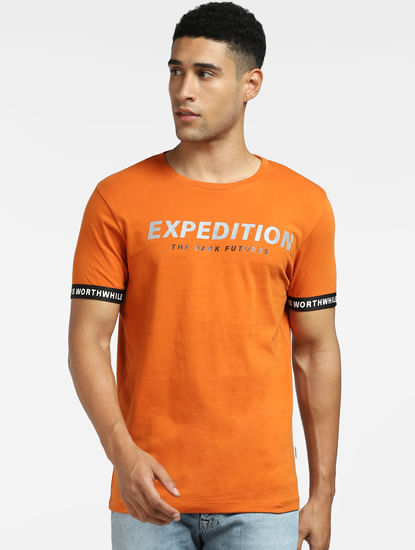 Orange Text Print Crew Neck T-shirt