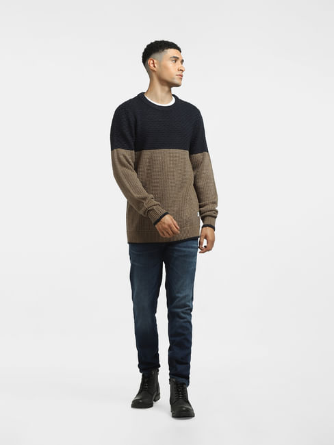 Brown Colourblocked Textured Pullover