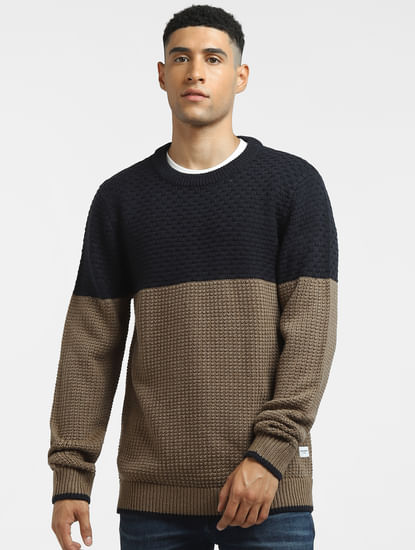 Brown Colourblocked Textured Pullover