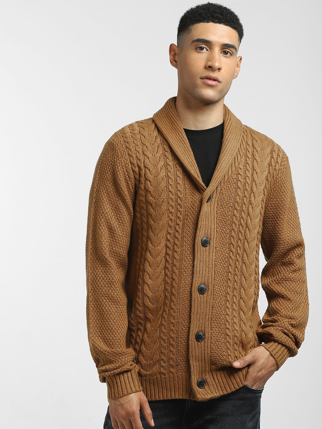 Buy Brown Front Open Textured Cardigan for Men