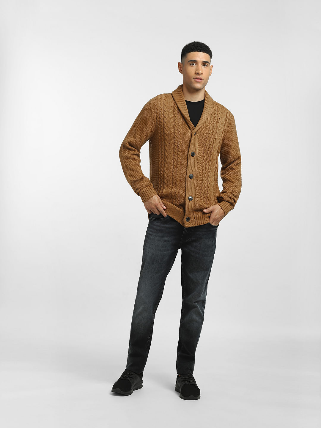 brown open cardigan