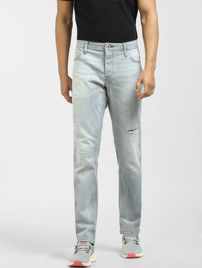 Grey Low Rise Distressed Tim Regular Jeans