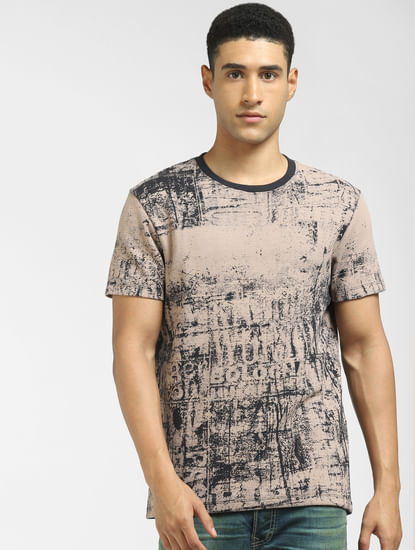 Brown Abstract Print Crew Neck T-shirt