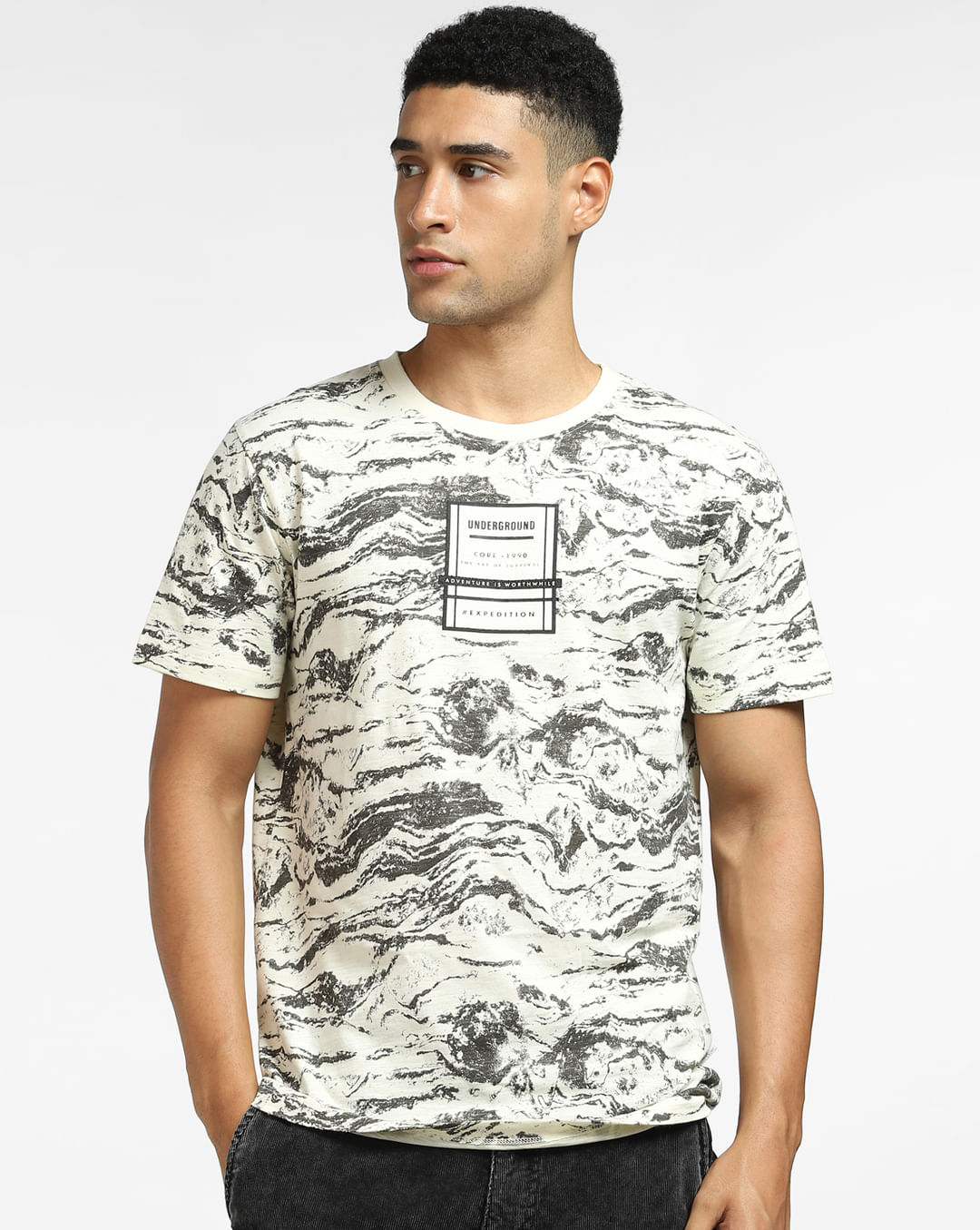 Buy White Abstract Print Crew Neck T-shirt for Men