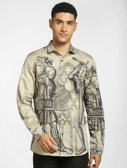 Taupe Graphic Print Full Sleeves Shirt