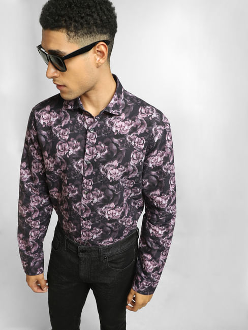 Purple Floral Print Full Sleeves Shirt