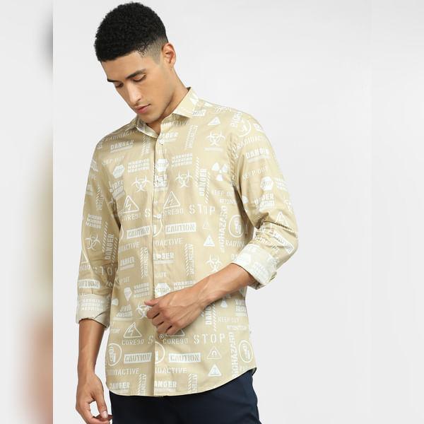 BESTSELLER CLOTHING Beige Typographic Print Full Sleeves Shirt