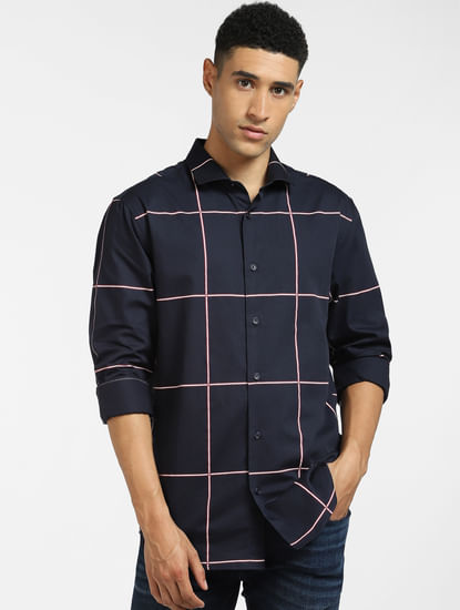 Darkest Blue Grid Print Full Sleeves Shirt