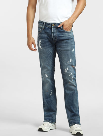 Blue Mid Rise Paint Detail Regular Jeans