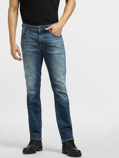 Blue Low Rise Distressed Clark Straight Jeans