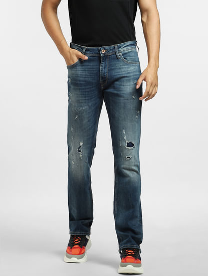 Blue Mid Rise Ripped Clark Regular Jeans