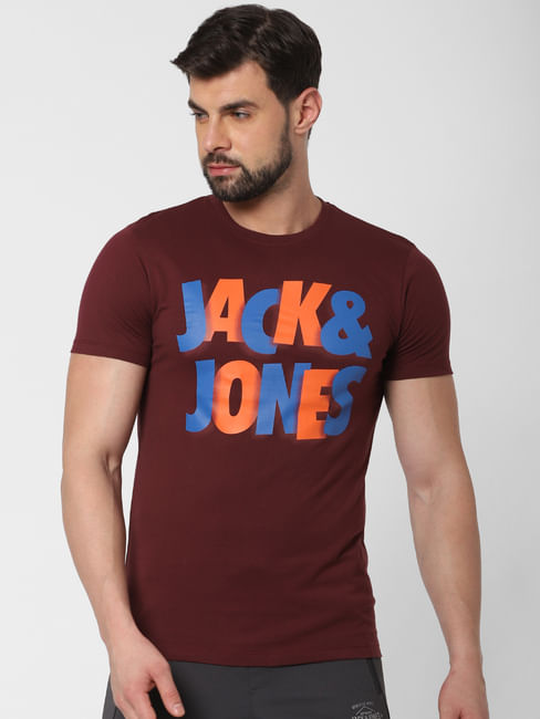 Burgundy Logo Print Crew Neck T-Shirt Online in India - Flat 20% Off
