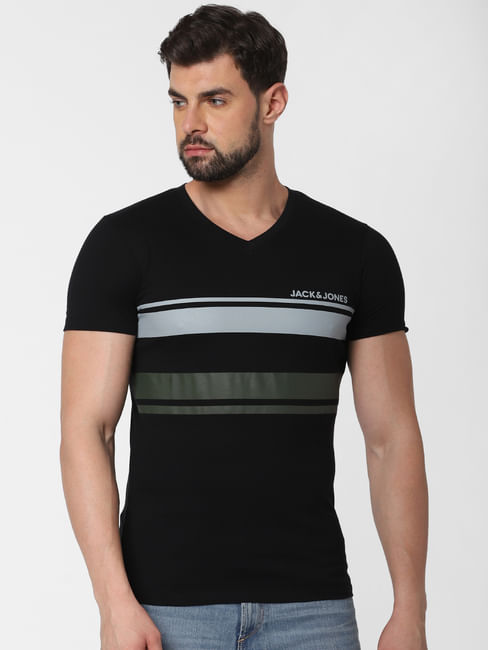 Black Striped Patch V Neck T-Shirt