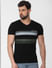Black Striped Patch V Neck T-Shirt