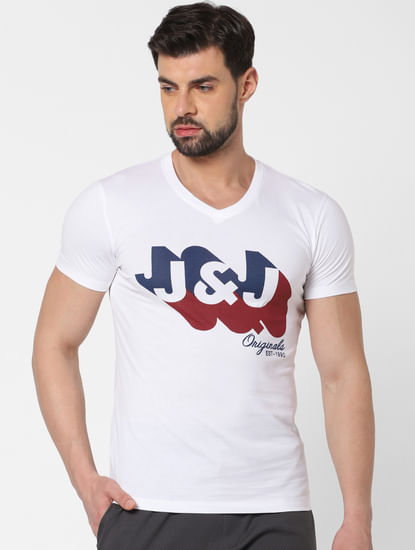 White Logo Print V Neck T-Shirt