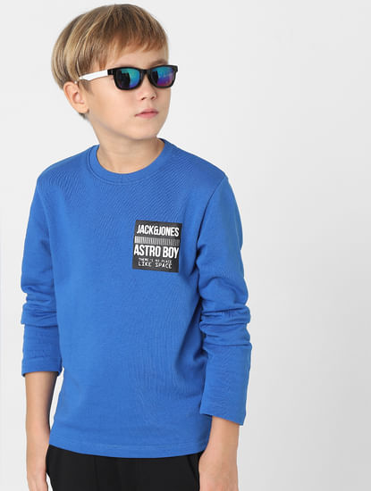 Boys Blue Patch Text Print Sweatshirt