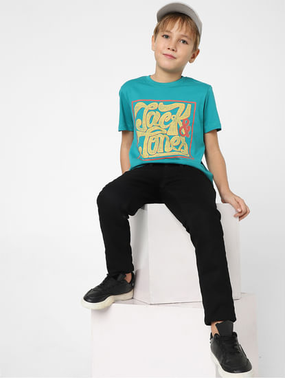 Boys Turquoise Logo Print Crew Neck T-shirt