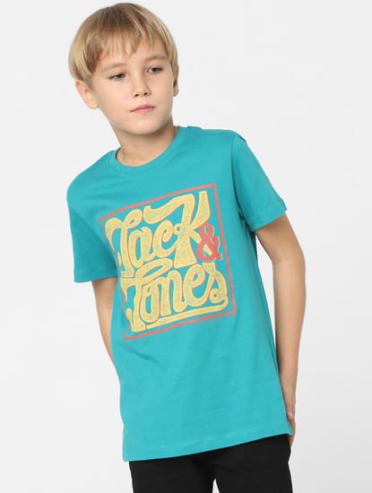Boys Turquoise Logo Print Crew Neck T-shirt