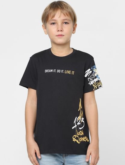 Boys Black Slogan Print T-shirt