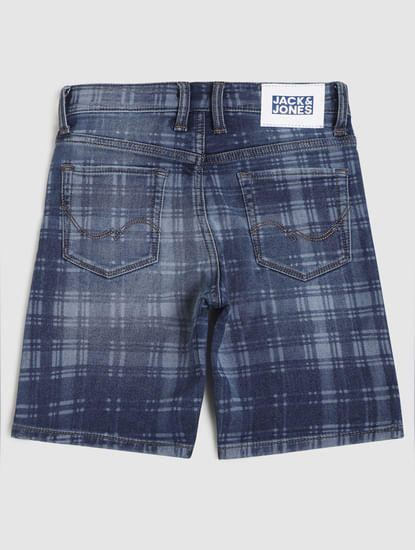 Boys Blue Mid Rise Check Denim Shorts