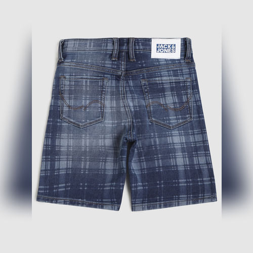 Boys Blue Mid Rise Check Denim Shorts