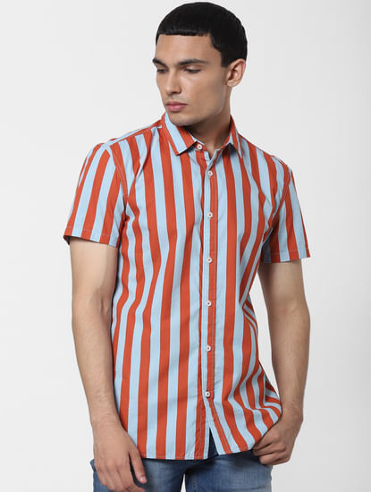 Orange Striped Short Sleeves Shirt