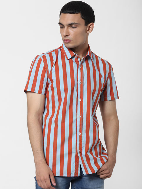 Orange Striped Short Sleeves Shirt