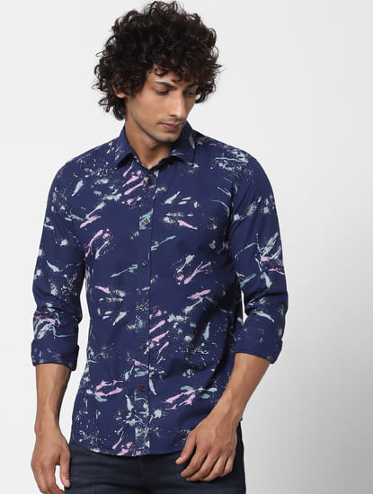 Blue Splash Print Full Sleeves Shirt