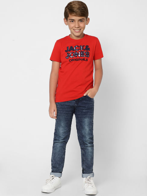 Boys Red Logo Print Crew Neck T-shirt