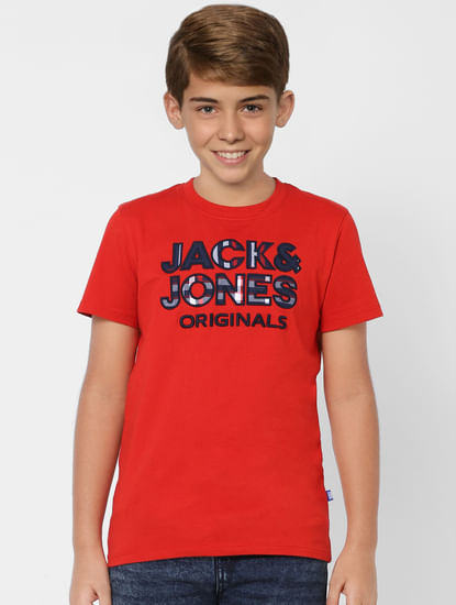 Boys Red Logo Print Crew Neck T-shirt