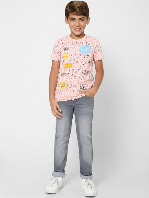 Boys Peach Printed Crew Neck T-shirt