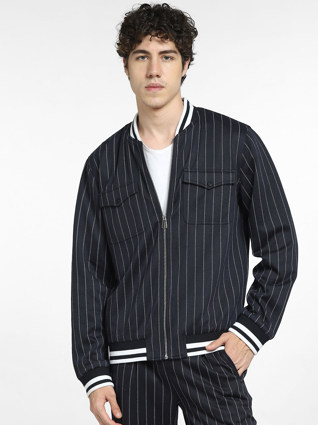 Black and white striped bomber jacket sale