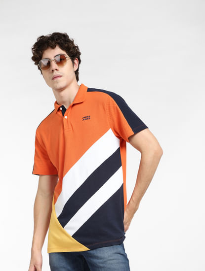 Orange Colourblocked Polo T-shirt