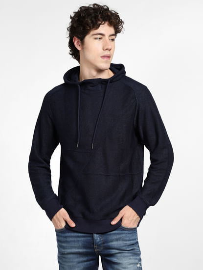 Navy Blue Textured Hooded Sweatshirt