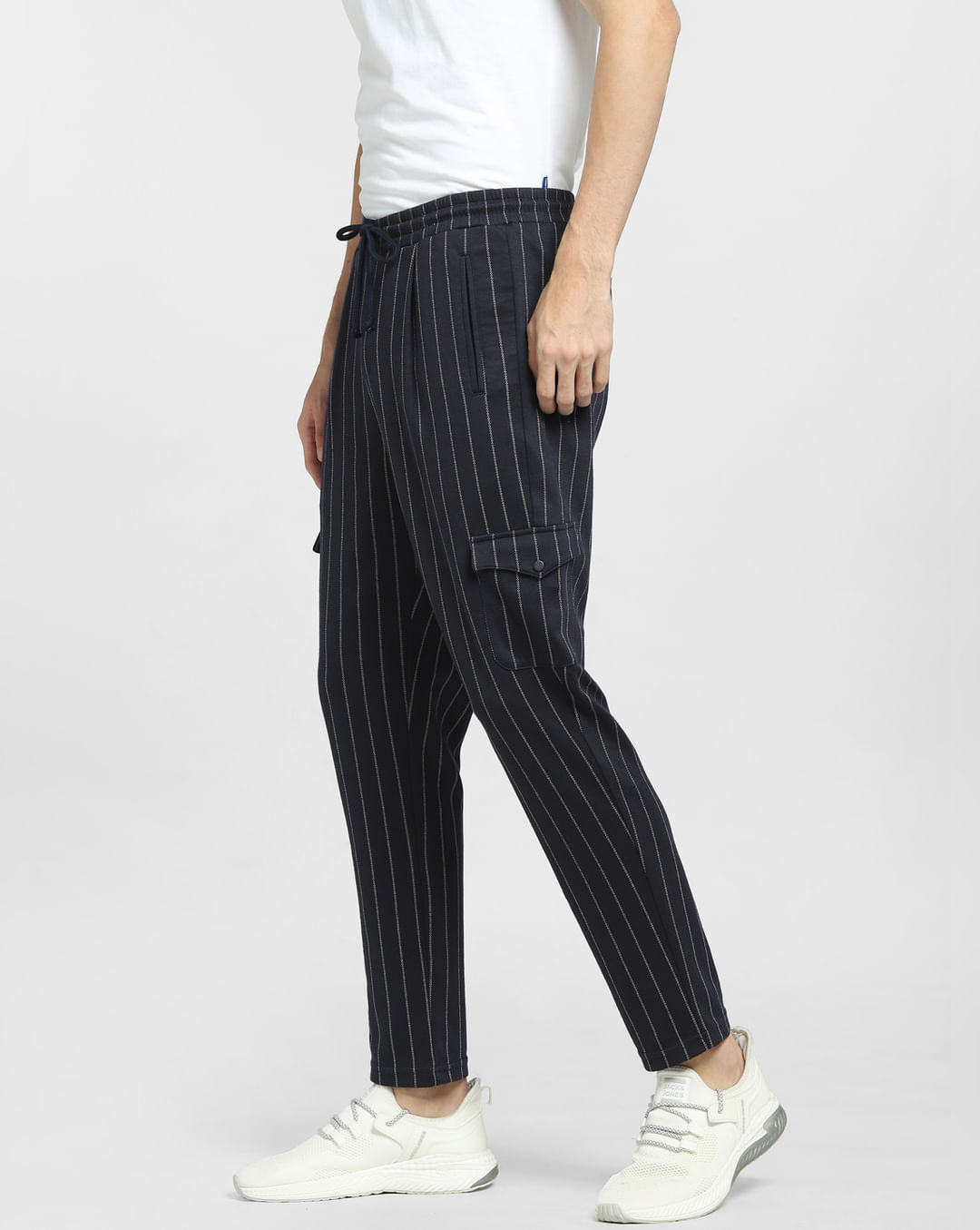Buy Men Navy Blue Striped Co-ord Cargo Pants Online In India