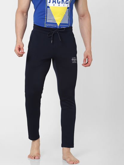 Blue Mid Rise Textured Trackpants