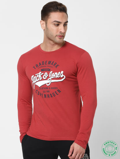 Red Logo Print Full Sleeves Crew Neck T-shirt