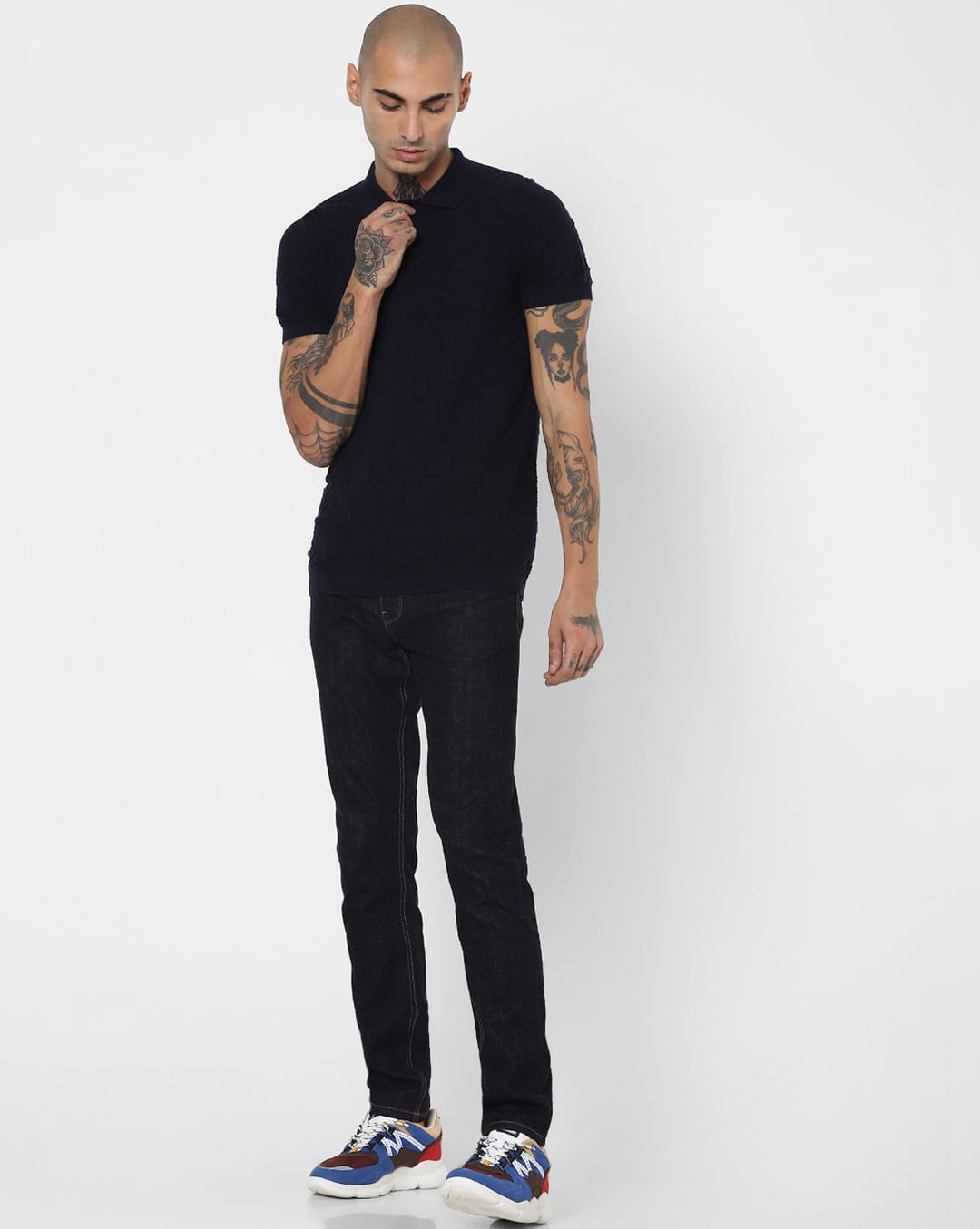 Black Ribbed Sleeve Polo T-shirt