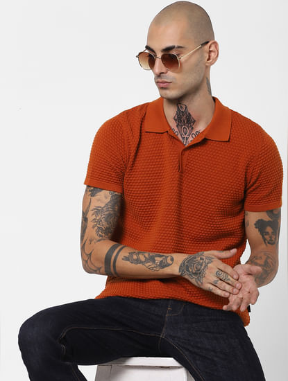 Burnt Orange Textured Knit Polo Neck T-shirt