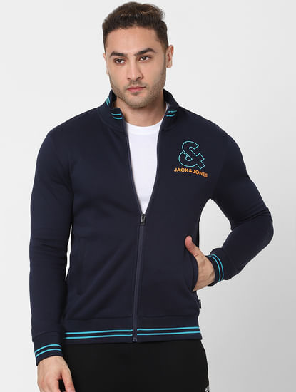 Navy Blue Logo Print Zip Up Sweatshirt
