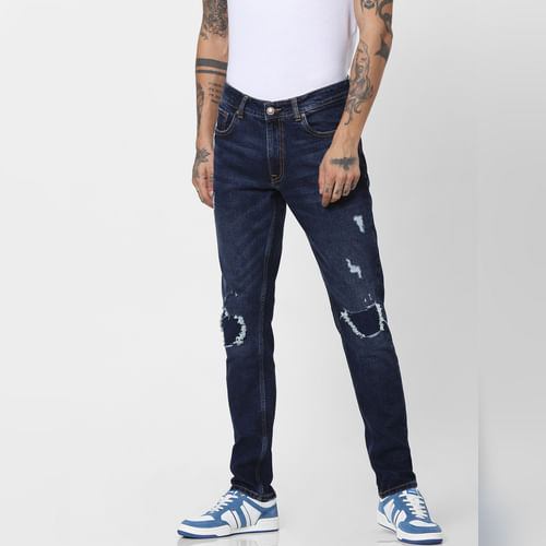 JACK&JONES Dark Blue Low Rise Ripped Glenn Slim Jeans