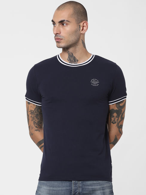 Navy Blue Contrast Tipping Crew Neck T-shirt