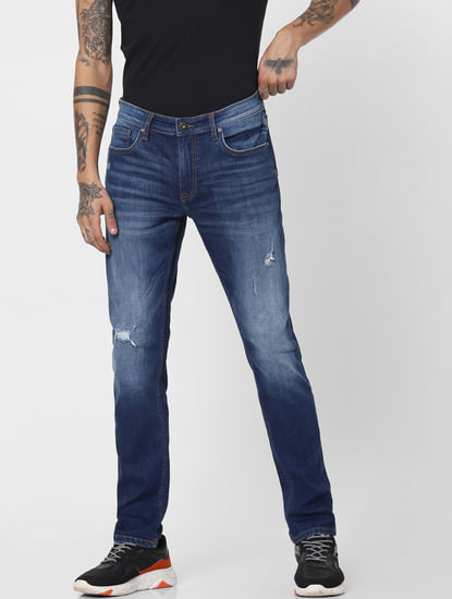 Blue Mid Rise Ripped Slim Jeans 