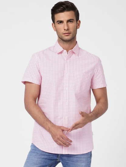 Pink Check Print Short Sleeves Shirt