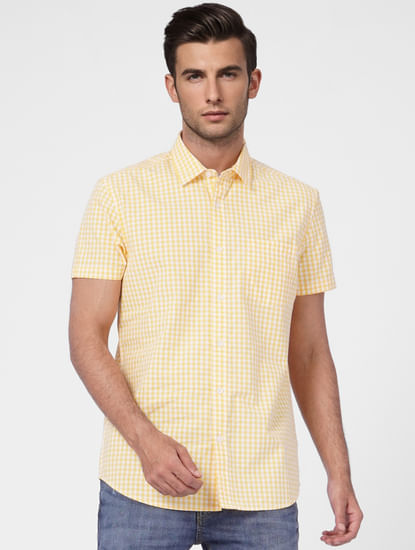 Yellow Check Print Short Sleeves Shirt