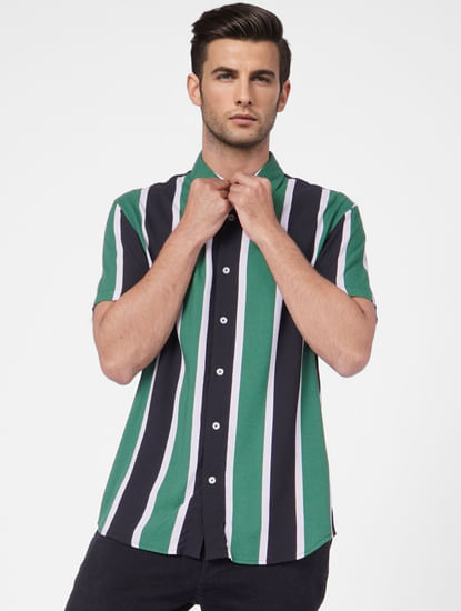 Green Striped Short Sleeves Shirt