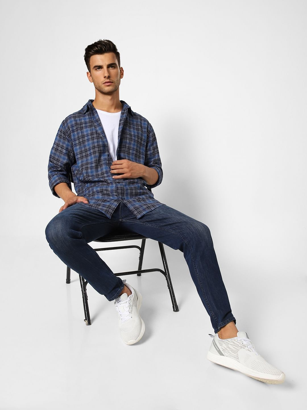 Blue check shirt and best sale black jeans